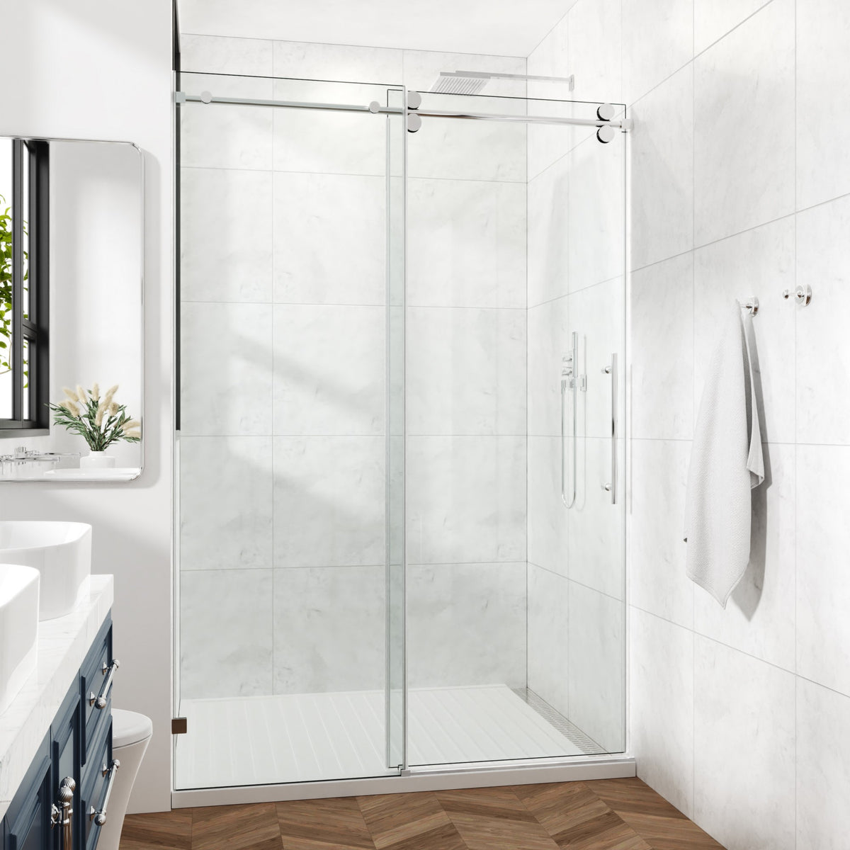 78 in. W × 76 in. H Frameless Sliding Shower Door with Adjustable Rollers