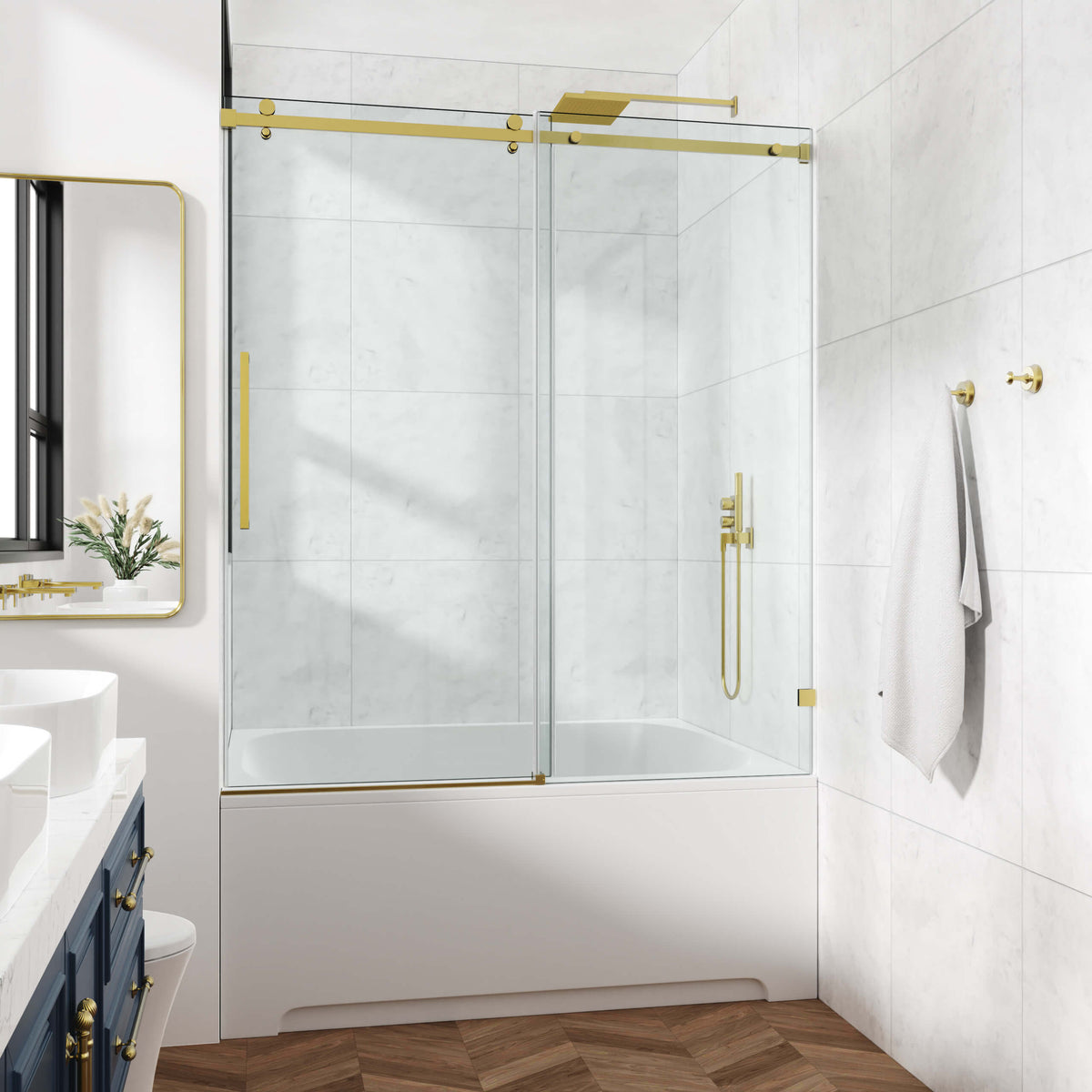 60 in. W × 76 in. H Frameless Sliding Shower Door with Fixed Panel