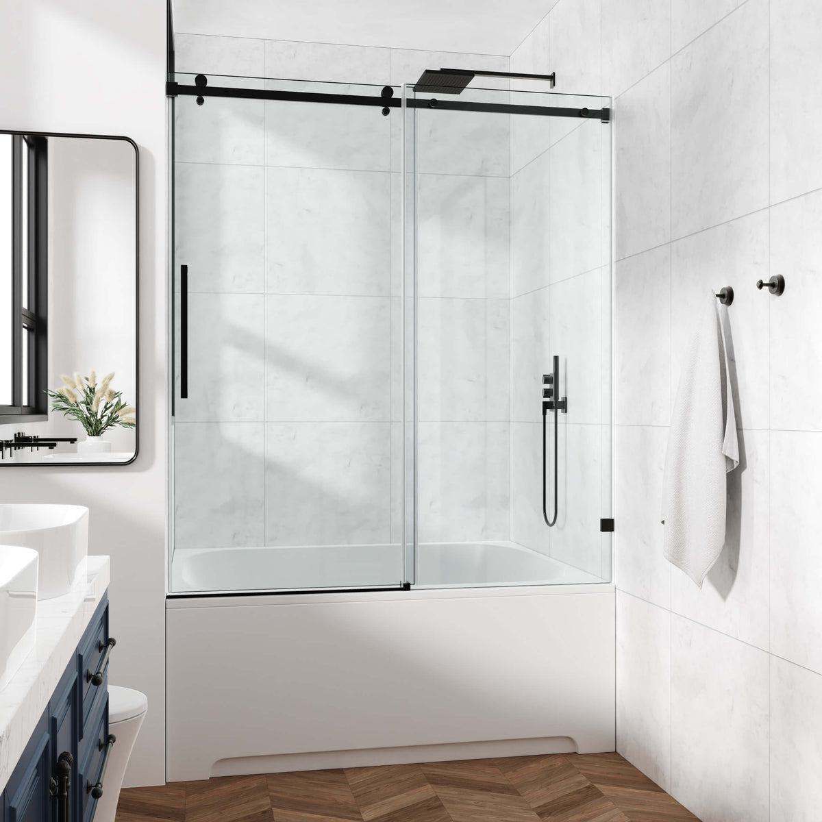 60 in. W × 76 in. H Frameless Sliding Shower Door with Fixed Panel