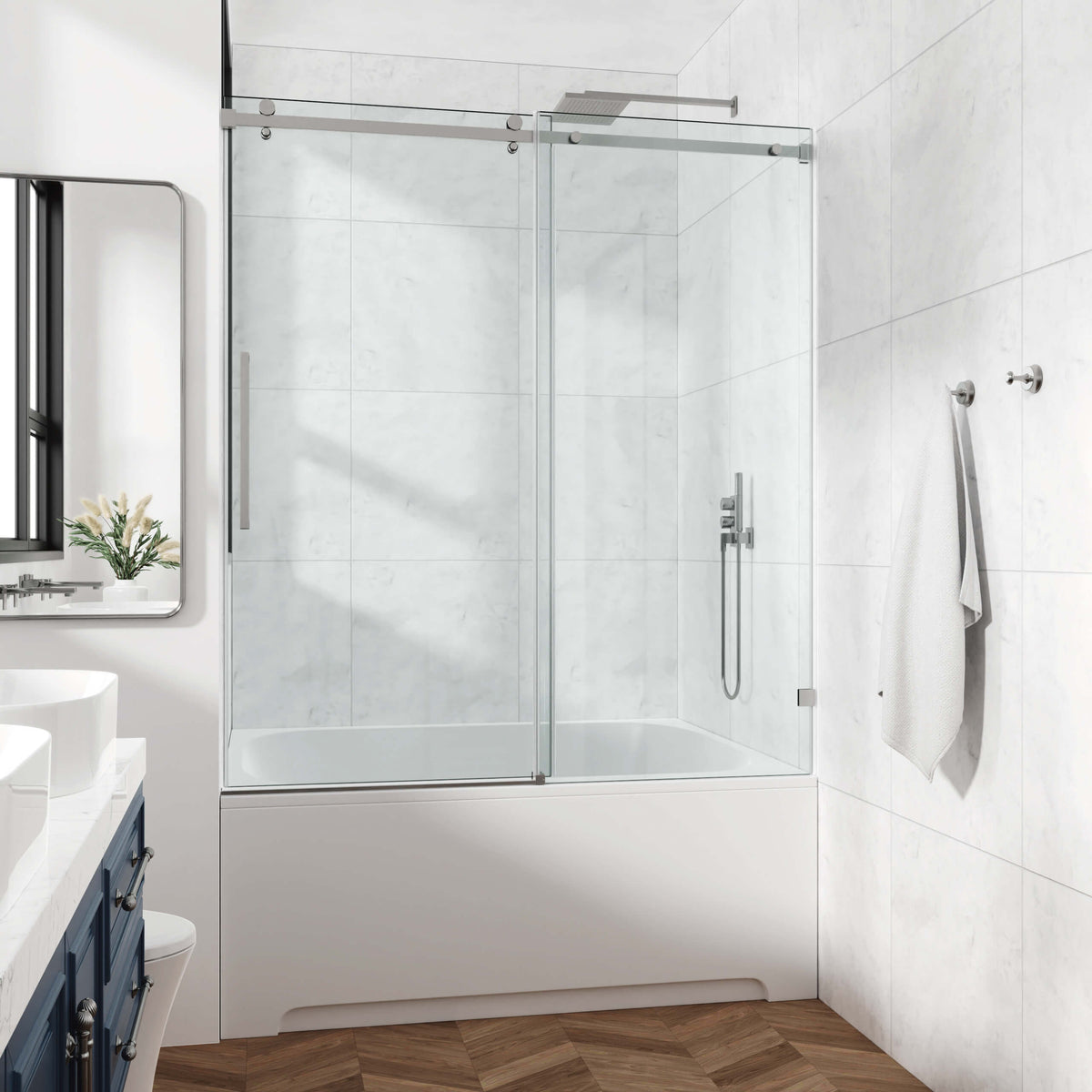 60 in. W × 76 in. H Frameless Sliding Shower Door with Fixed Panel