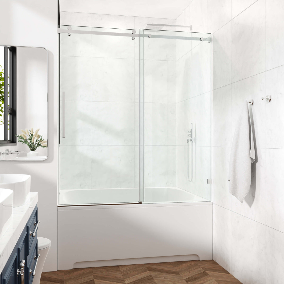 60 in. W × 76 in. H Frameless Sliding Shower Door with Fixed Panel