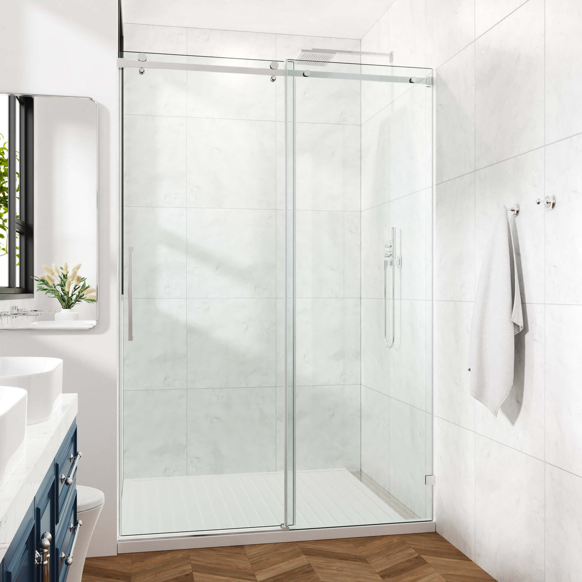 60 in. W × 76 in. H Frameless Sliding Shower Door with Fixed Panel