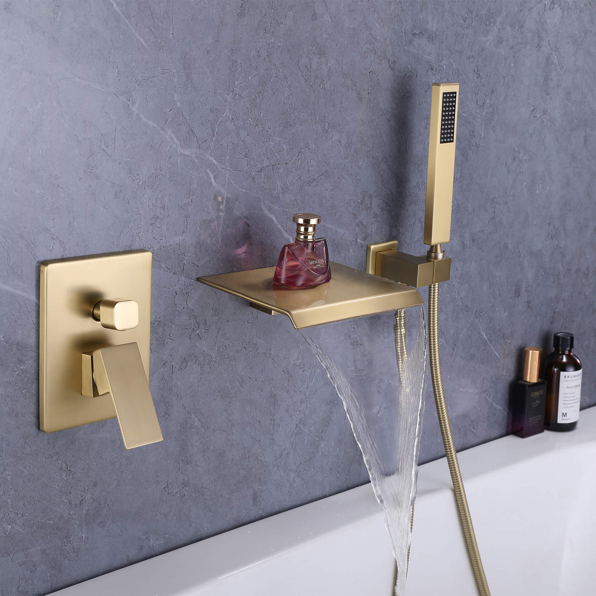 Wall-Mounted Waterfall Tub Filler with Shower Wand and Clean Minimal Design