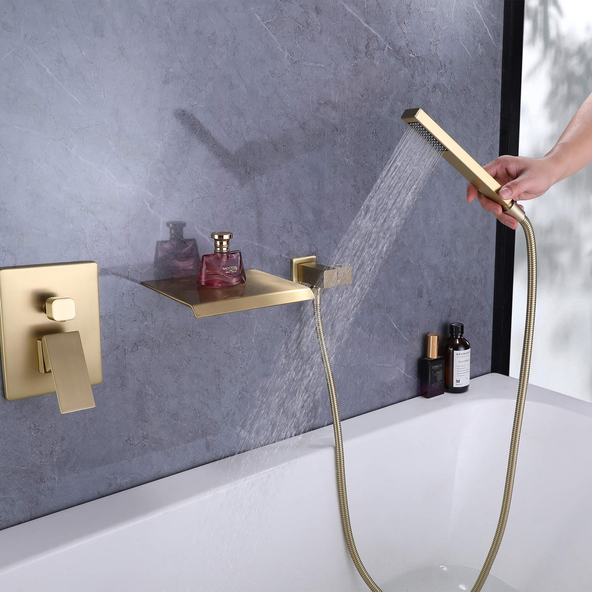 Wall-Mounted Waterfall Tub Filler with Shower Wand and Clean Minimal Design