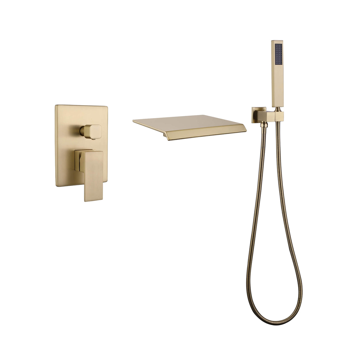Wall-Mounted Waterfall Bathtub Faucet with Shelf and Handheld Shower