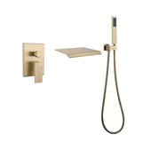 Wall-Mounted Waterfall Bathtub Faucet with Shelf and Handheld Shower