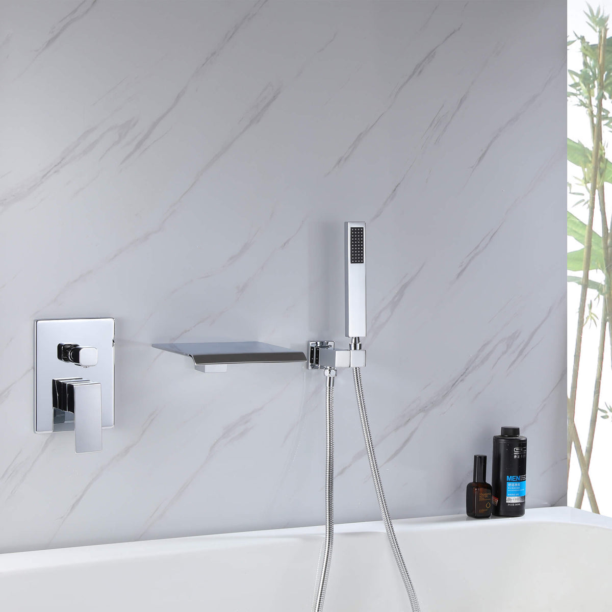 Wall-Mounted Waterfall Bathtub Faucet with Shelf and Handheld Shower