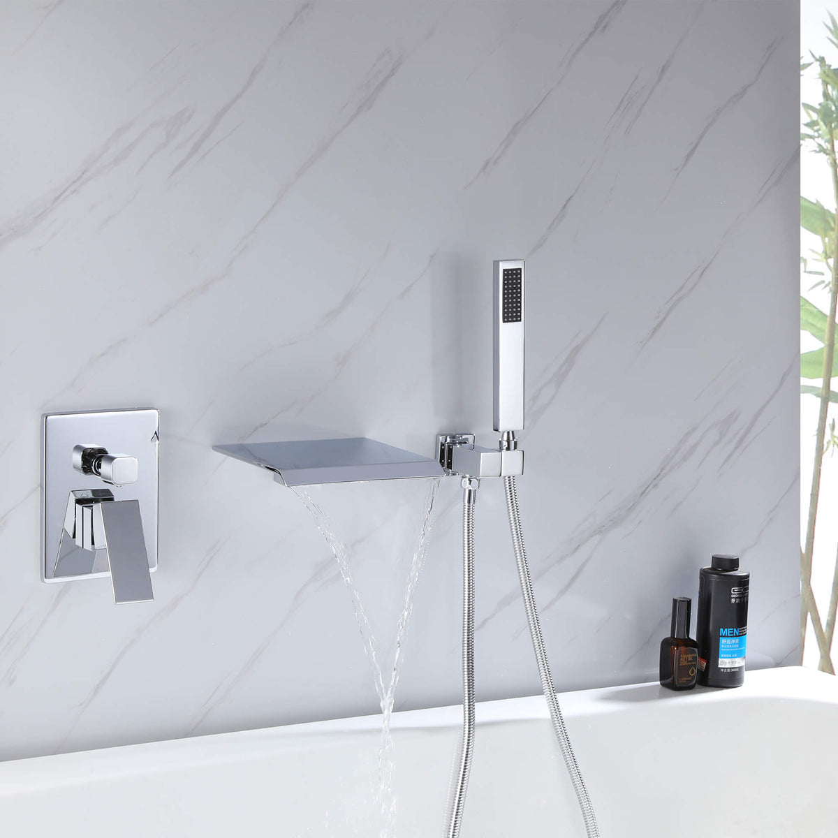 Wall-Mounted Waterfall Bathtub Faucet with Shelf and Handheld Shower