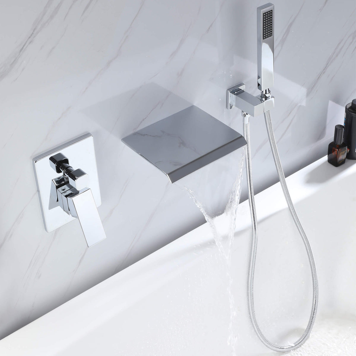 Wall-Mounted Waterfall Bathtub Faucet with Shelf and Handheld Shower