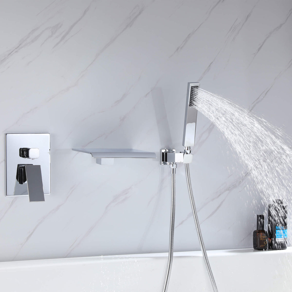 Wall-Mounted Waterfall Bathtub Faucet with Shelf and Handheld Shower