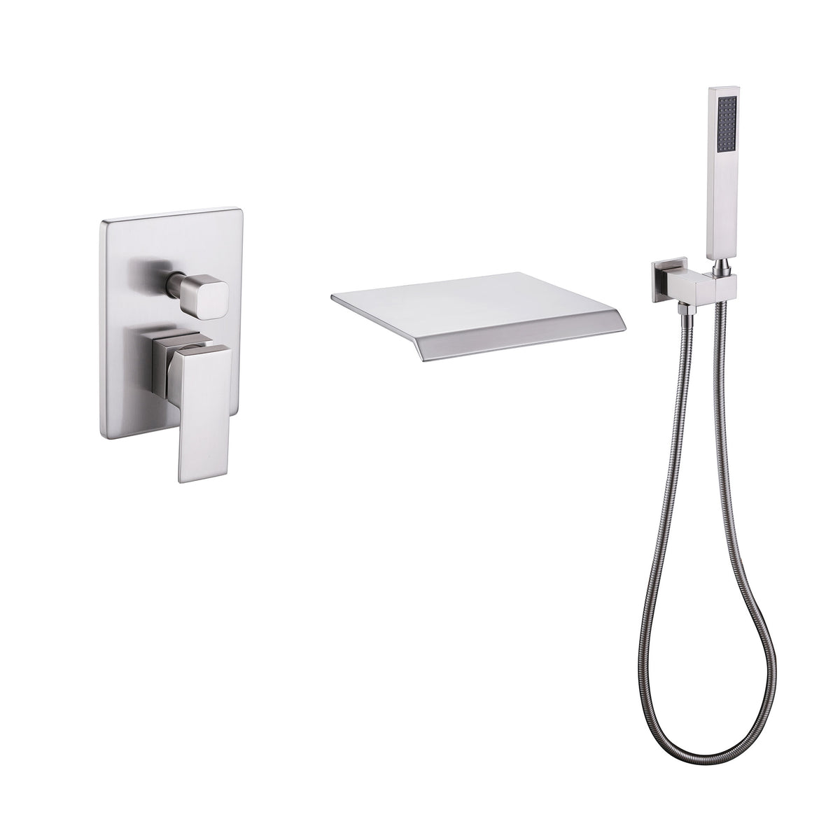 Wall-Mounted Waterfall Bathtub Faucet with Shelf and Handheld Shower