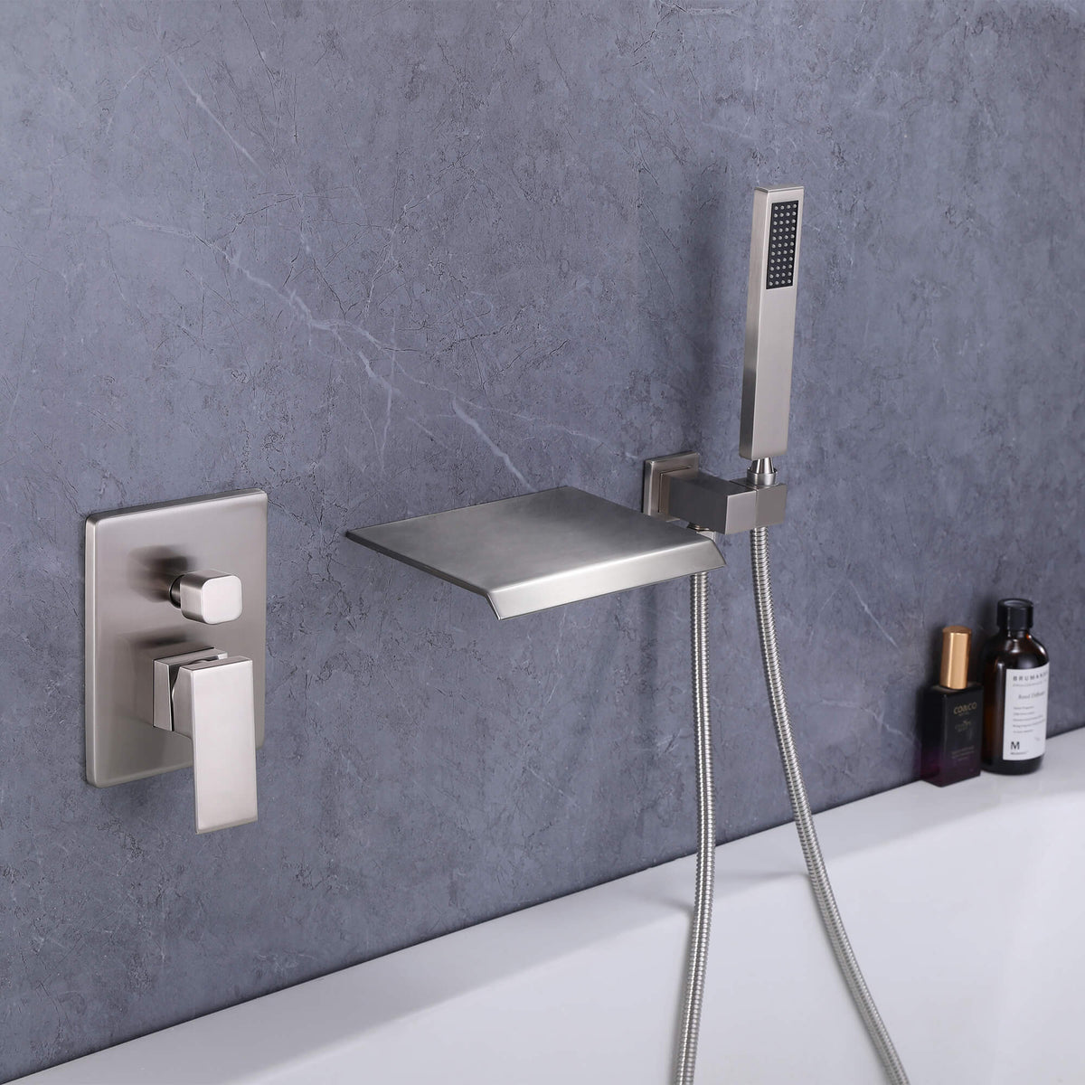Wall-Mounted Waterfall Bathtub Faucet with Shelf and Handheld Shower