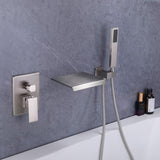 Wall-Mounted Waterfall Bathtub Faucet with Shelf and Handheld Shower