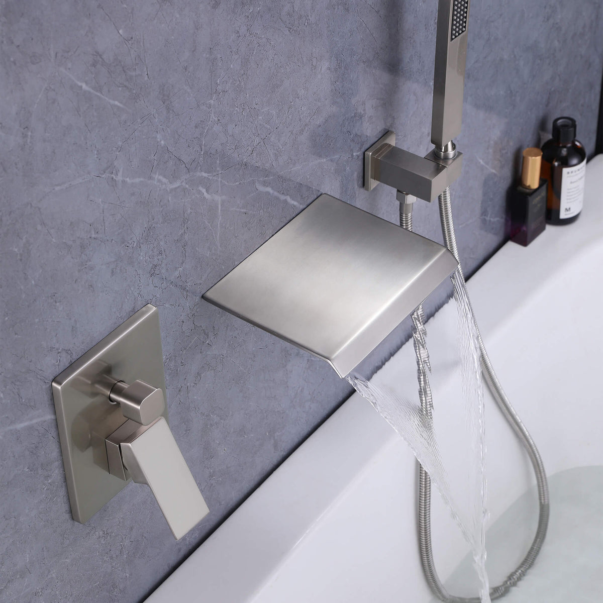Wall-Mounted Waterfall Bathtub Faucet with Shelf and Handheld Shower