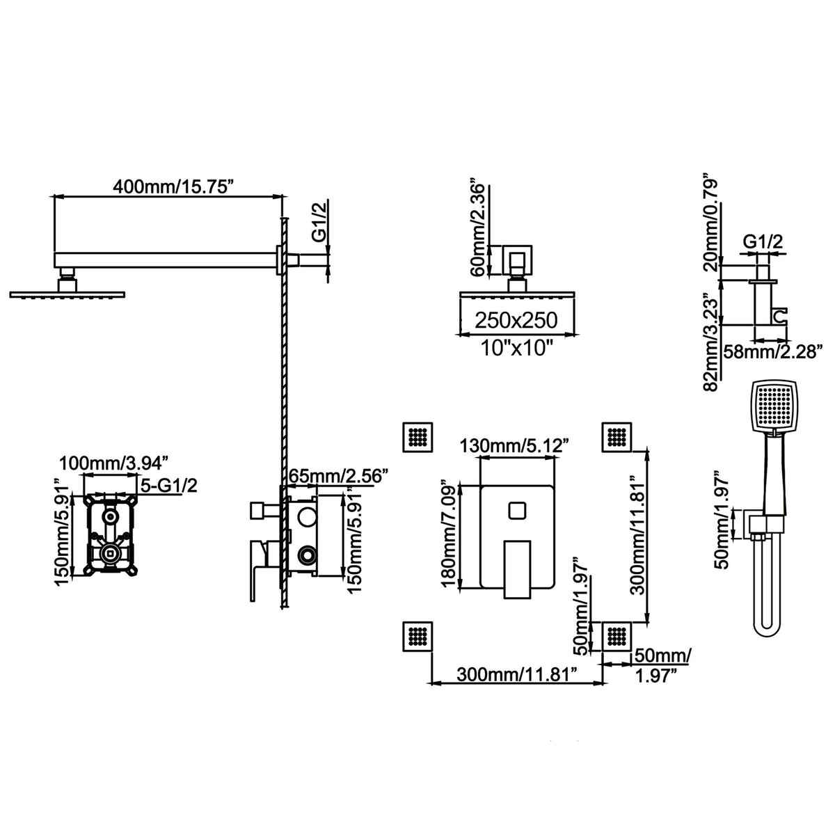 Shower System with Handheld Showerhead and 4-Jet Body Spray