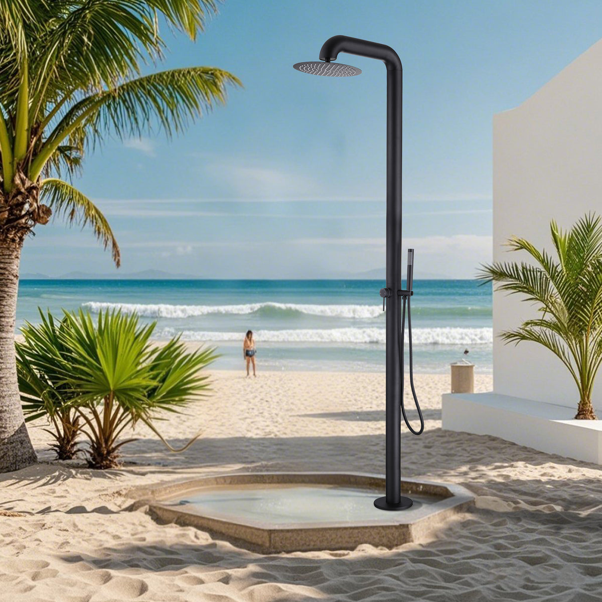 Freestanding Stainless Steel Outdoor Shower with Handheld Shower & Rain Head