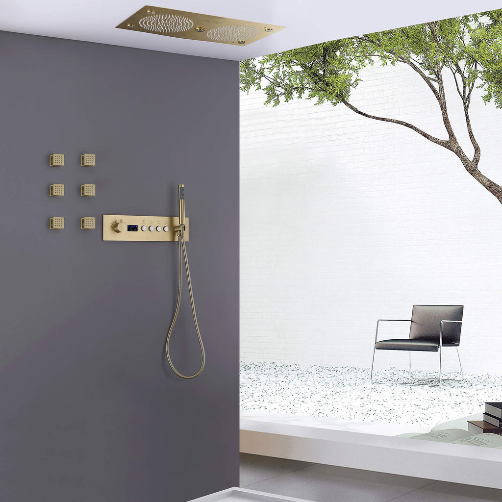 Luxury LED Dual Shower Head System Ceiling Mount Digital Display Thermostatic Shower Faucet with 6 Body Jets JK0127