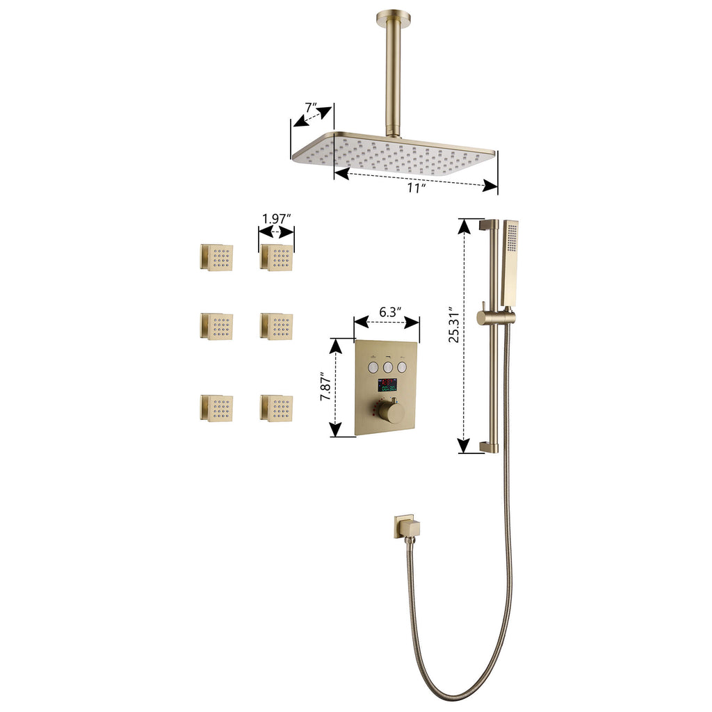 Ceiling Mount 3-Spray Patterns Thermostatic Shower System with Patterns 6-Jet Brushed Gold JK0129