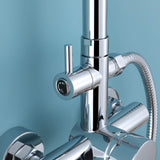 Close-up of chrome outdoor shower valve with temperature control and water flow adjustment