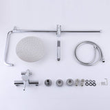 Complete chrome outdoor shower parts including rainfall shower head, handheld sprayer, and hose