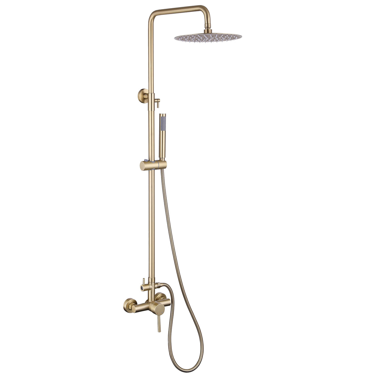 Gold-finish rainfall shower system with handheld sprayer and adjustable height