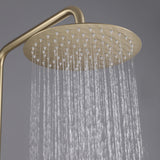 Close-up of gold rainfall shower head with anti-clog nozzles and water flow