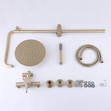 Complete gold outdoor shower system parts including rainfall shower head, handheld sprayer, and hose