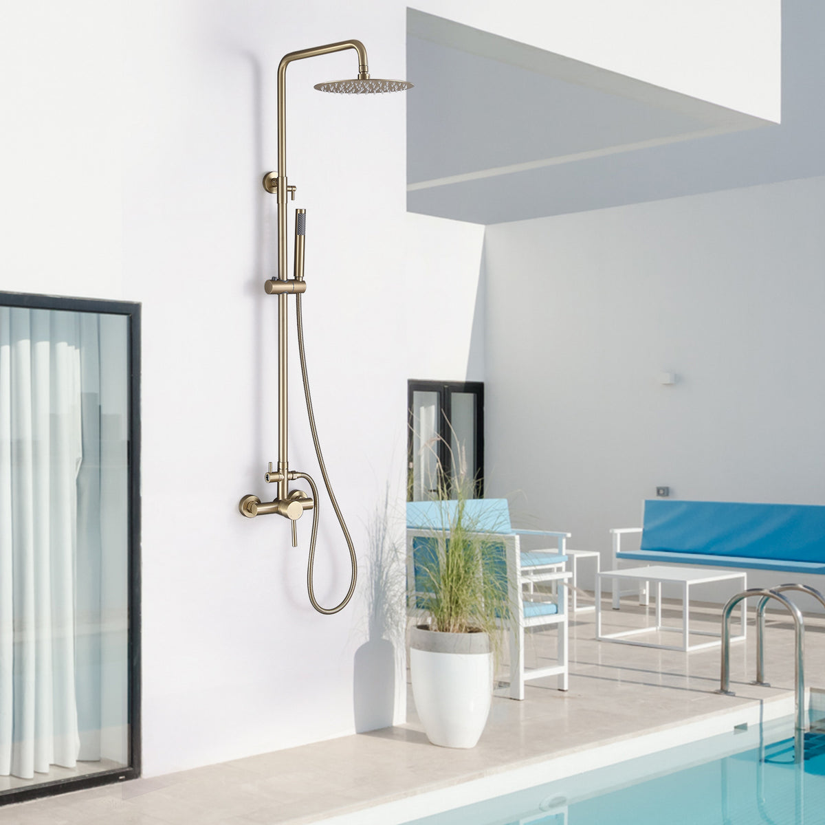 Outdoor Shower Fixture with 304 Stainless Steel 10-Inch Rainfall Shower Head and Adjustable Slide Bar