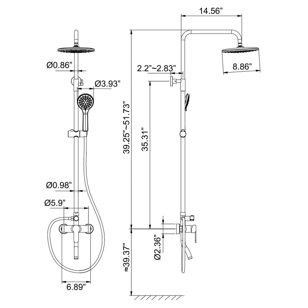 Shower System with Rainfall Head Handheld Spray and Tub Spout Adjustable Bracket