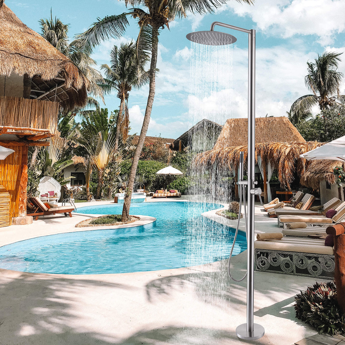 304 Stainless Steel Freestanding Outdoor Shower with Rain Shower and Handheld Shower Head