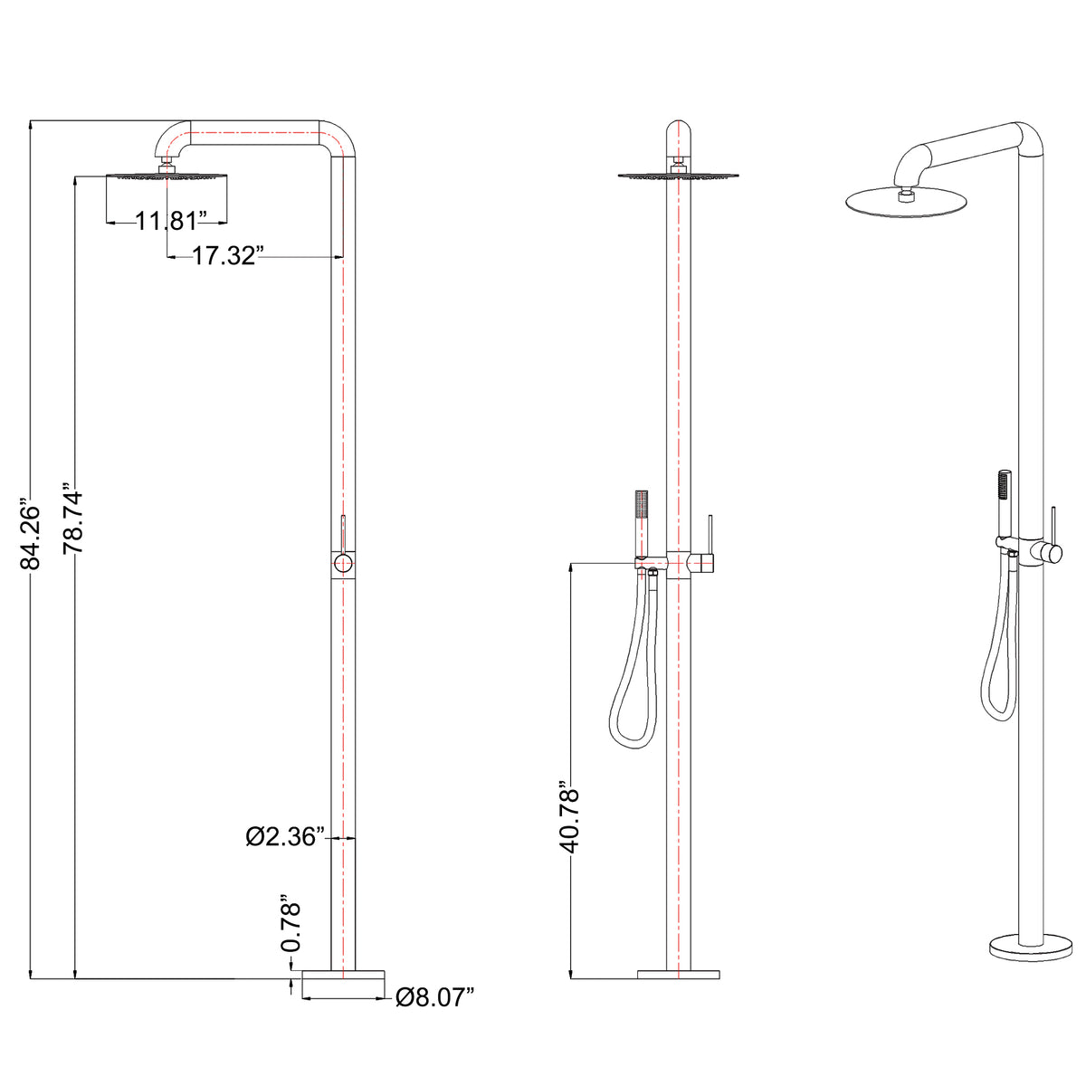 304 Stainless Steel Freestanding Outdoor Shower with Detachable Shower Head