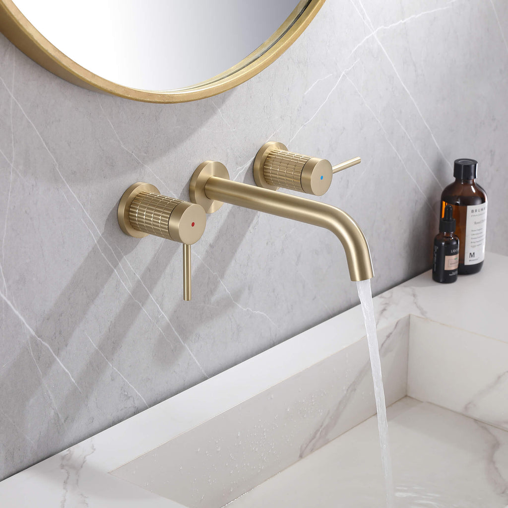 Brushed Gold Knurled 2 Handle Wall Mount Bathroom Faucet JK0166