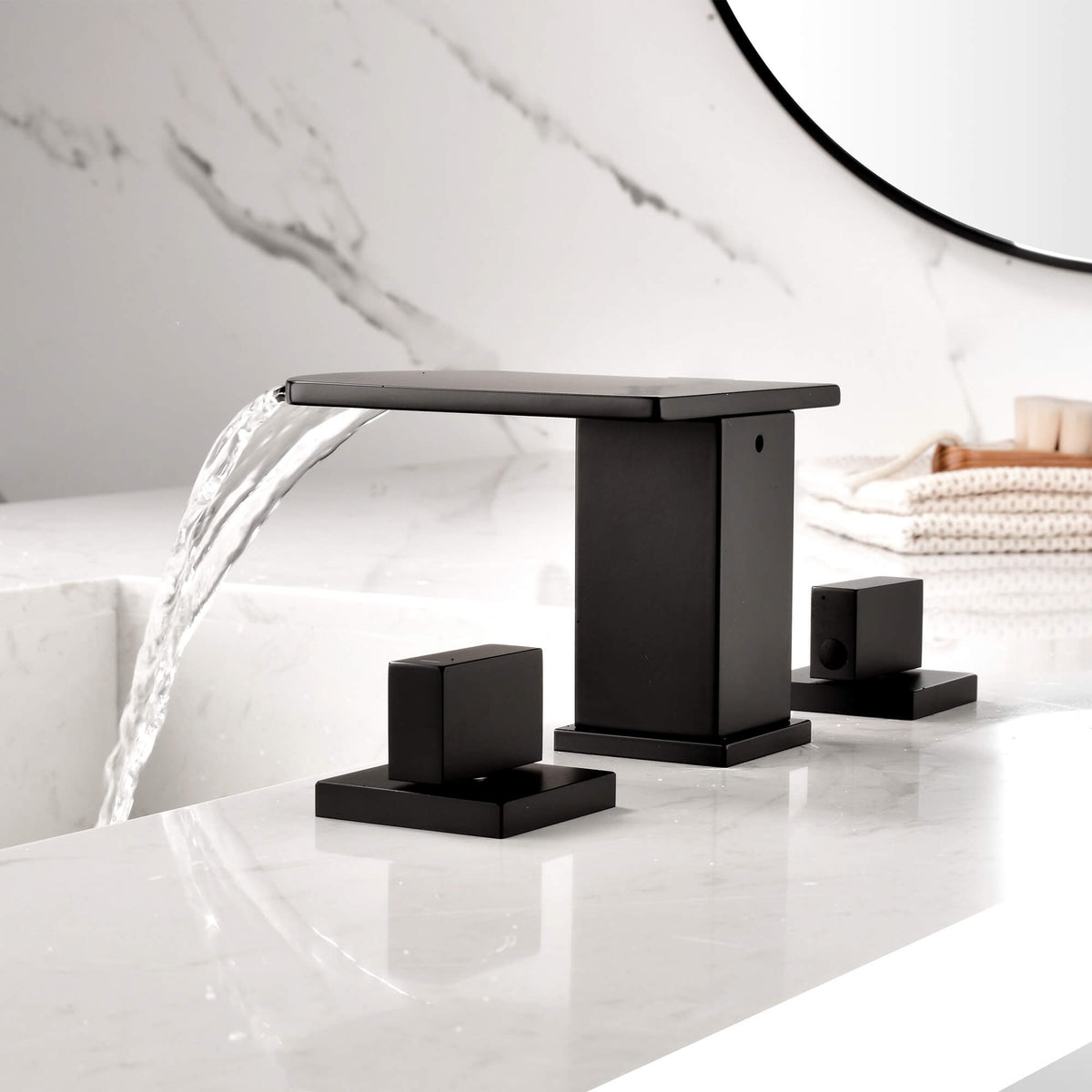 behind waterfall bathroom sink faucet 