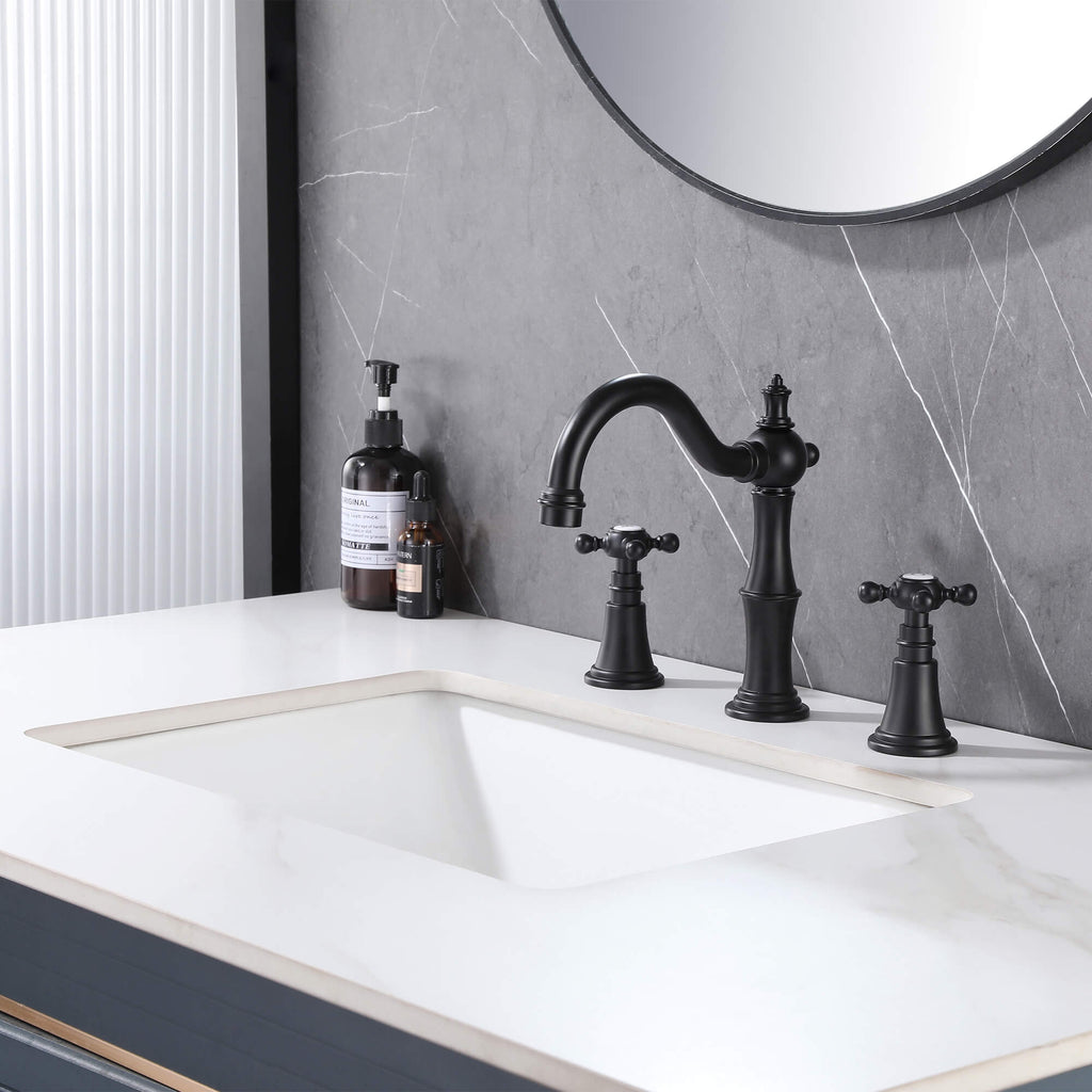 widespread bathroom faucet matches white sink