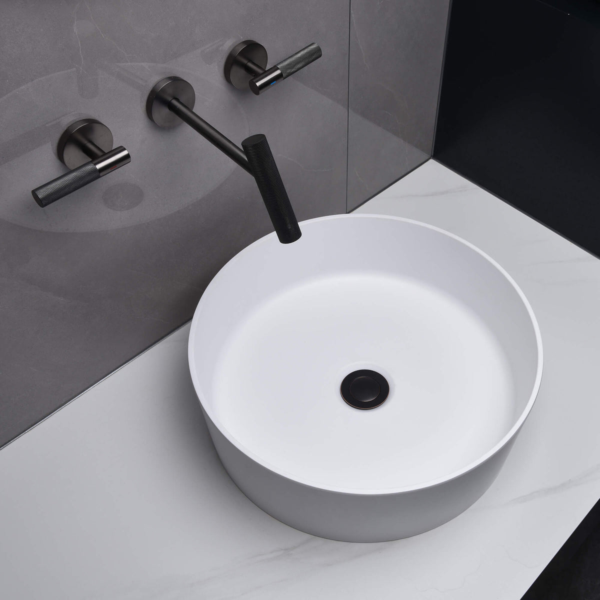 15-Inch Round White Countertop Sink in Matte Stone Finish