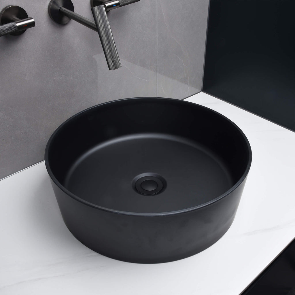 Modern Style Stone Resin Circular Vessel Bathroom Sink Art Sink Matte Black JK0233