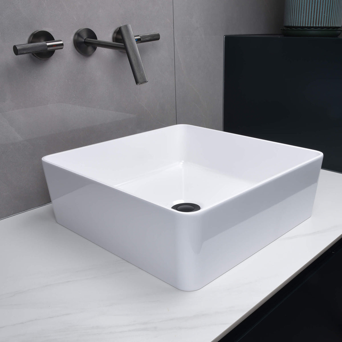 15-Inch Square White Stone Resin Bathroom Vessel Sink