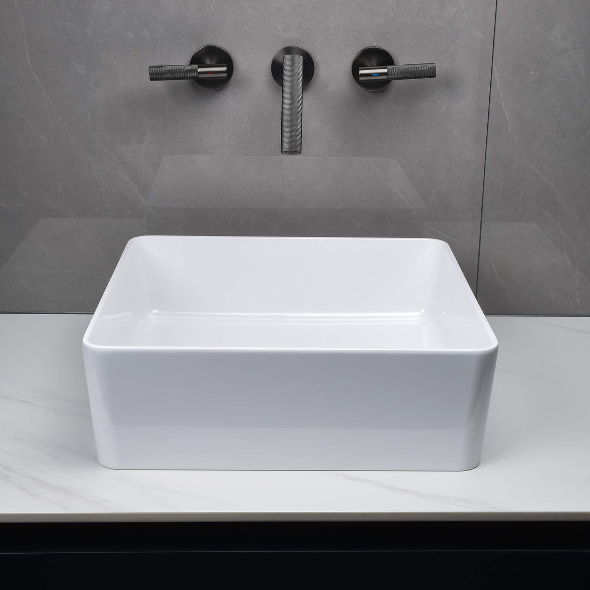 15-Inch Square White Stone Resin Bathroom Vessel Sink
