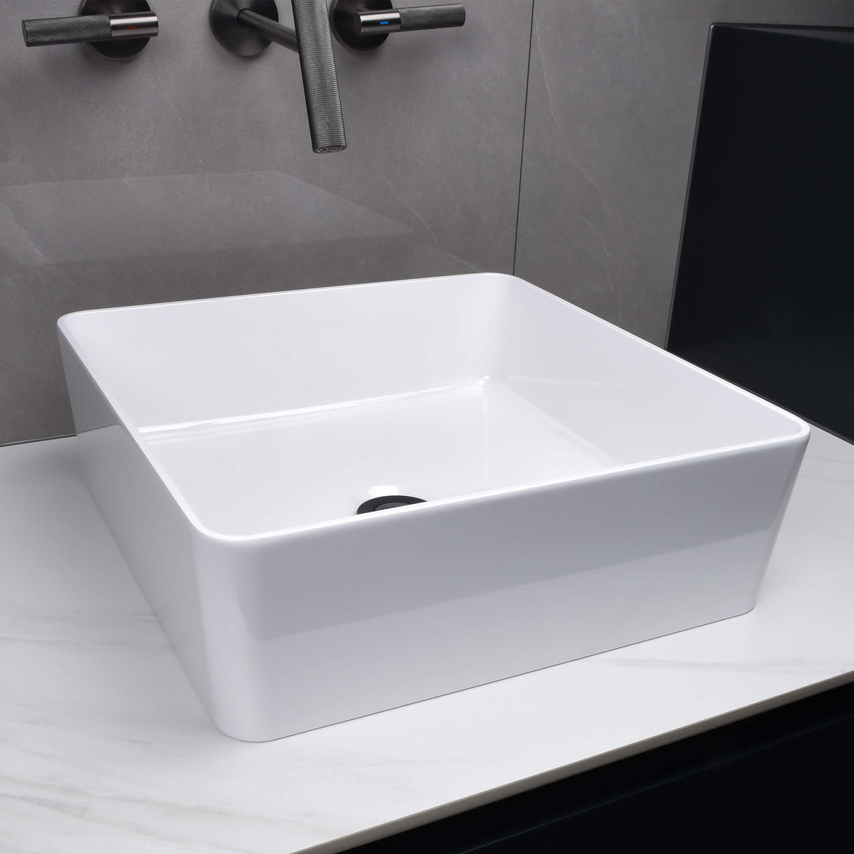 15-Inch Square White Stone Resin Bathroom Vessel Sink