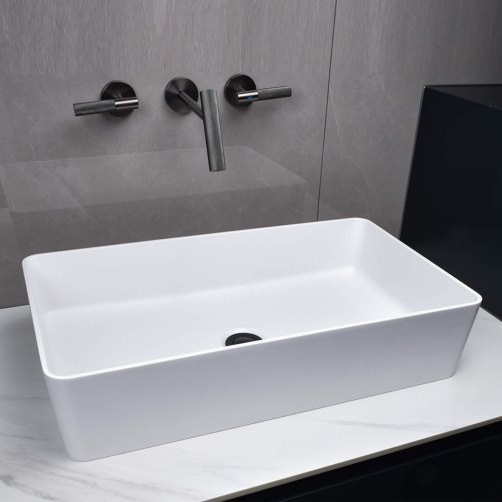 Wash Basin Counter Top Mounted White Solid Surface Rectangular Bathroom Sink JK0235