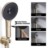 Wall Mounted Rainfall Shower System With Three Function Hand Shower Brushed Gold JK0244
