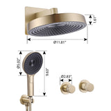 Wall Mounted Rainfall Shower System With Three Function Hand Shower Brushed Gold JK0244