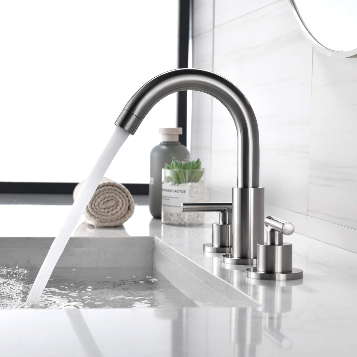 Widespread Bathroom Faucet with Dual Handles and Stainless Steel Pop-Up Drain