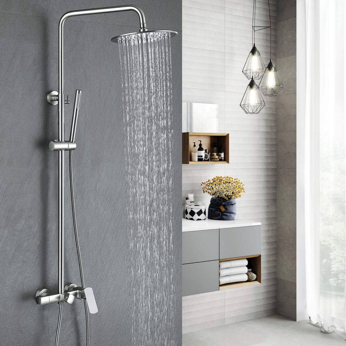 3-Function Rain Shower System with High Pressure Head and Adjustable Handheld Spray