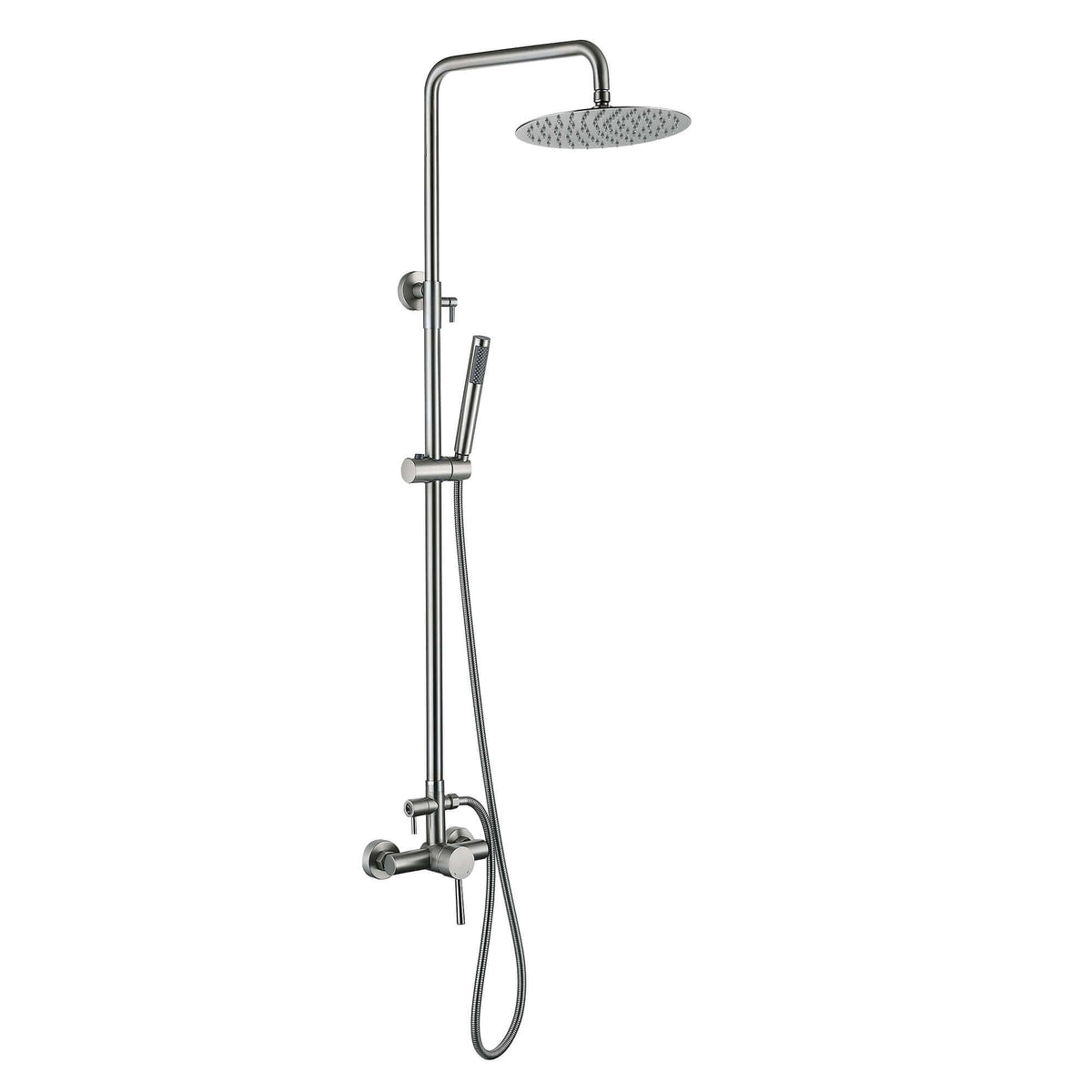 Brushed nickel rainfall shower system with adjustable handheld sprayer and sleek modern design