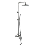 Brushed nickel rainfall shower system with adjustable handheld sprayer and sleek modern design