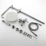Complete brushed nickel shower system parts including rainfall shower head, handheld sprayer, and hose