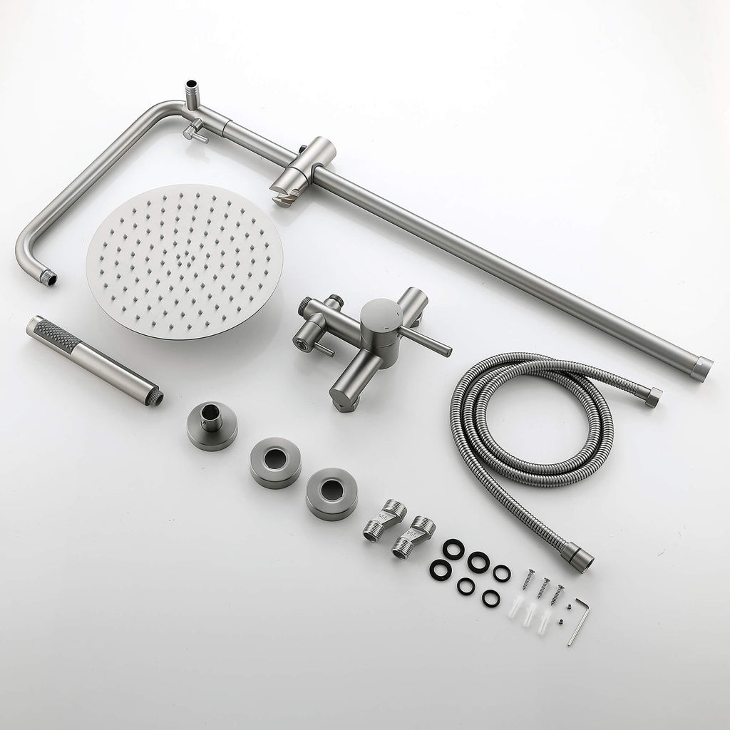 Outdoor Shower Wall Mount with 10-Inch Thin Shower Head and Handheld Brushed Nickel JK0290