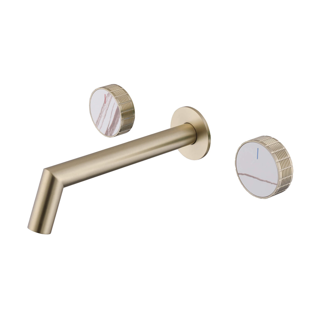 Bathroom Sink Faucet Wall Mounted with Natural Stone Decorative Handles Brushed Gold JK0296