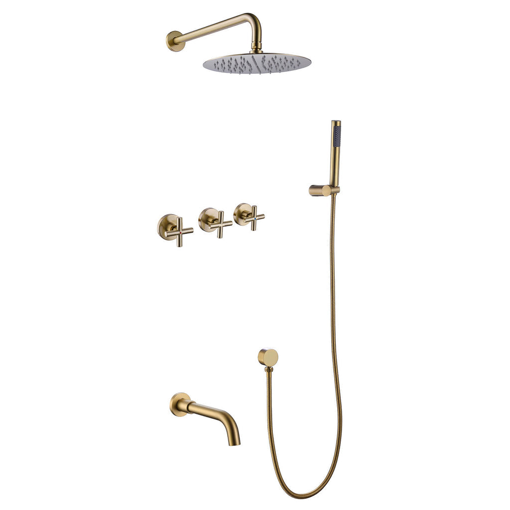 Wall-Mounted Tub Shower Kit with Spout and Triple Handle Controls